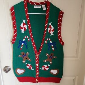 Alison Craig Green Knit Holiday Vest with Red Trim